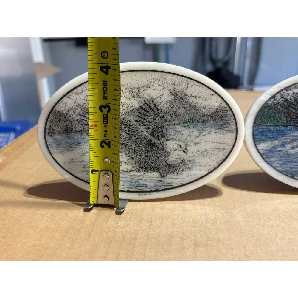 Vintage WO-DI Scrimshaw Style Bald Eagle Plaques Set of 2 Janet Hammet 1997 TN‎